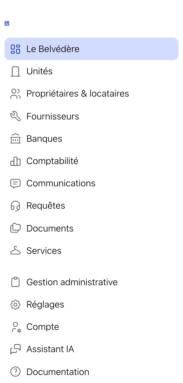 Le menu principal à gauche du tableau de bord d'un immeuble