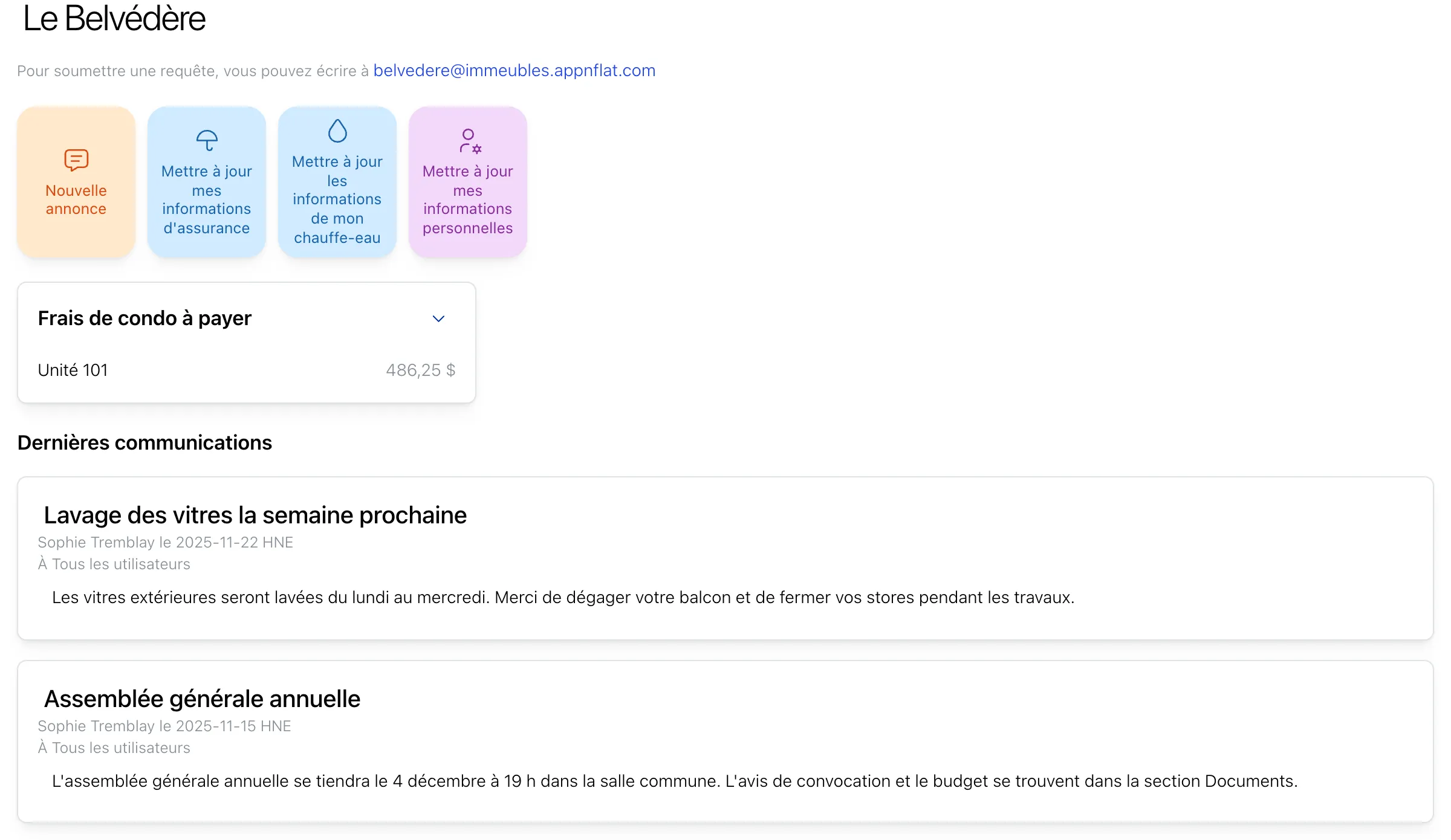 Le tableau de bord d'un copropriétaire, avec les raccourcis pour mettre à jour ses informations, les frais de condo à payer et les dernières annonces de l'immeuble