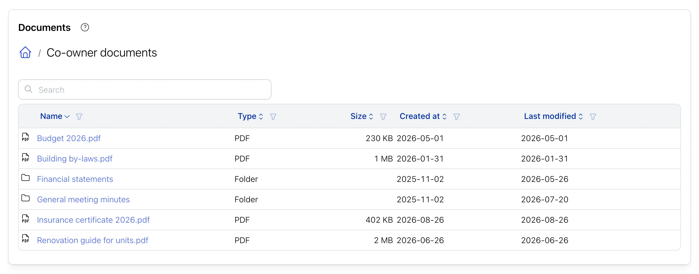 A folder shared with the co-owners, with its subfolders and documents such as the by-laws, the budget and the insurance certificate
