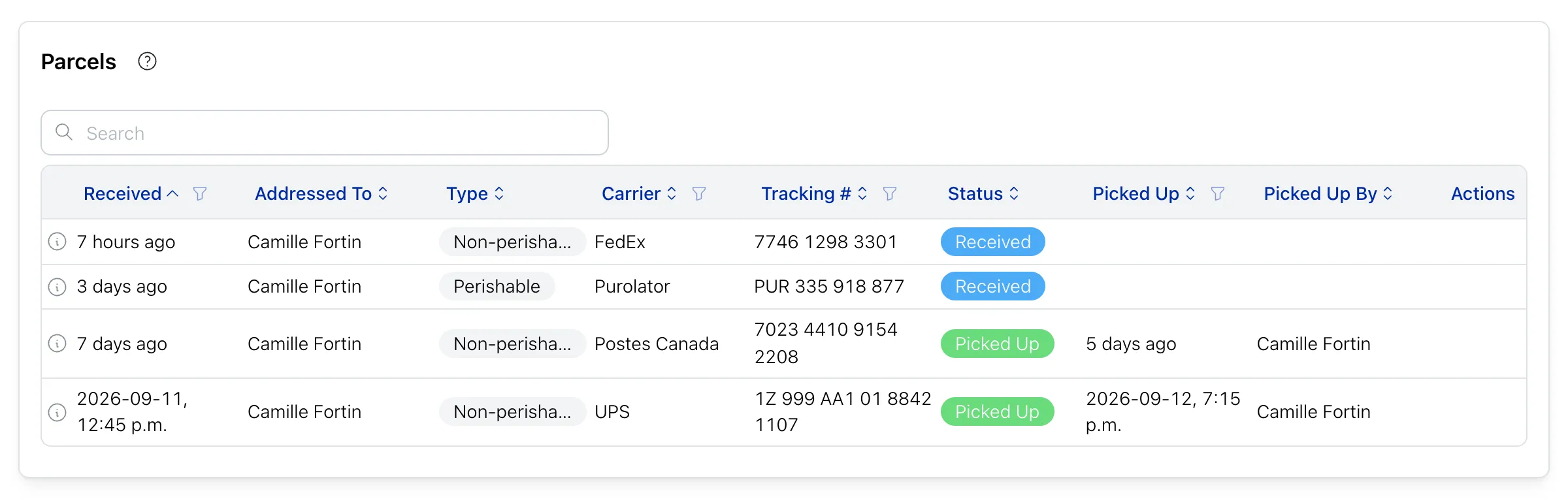 The Parcels page of a co-owner: the parcels addressed to them, those waiting to be picked up and those already picked up