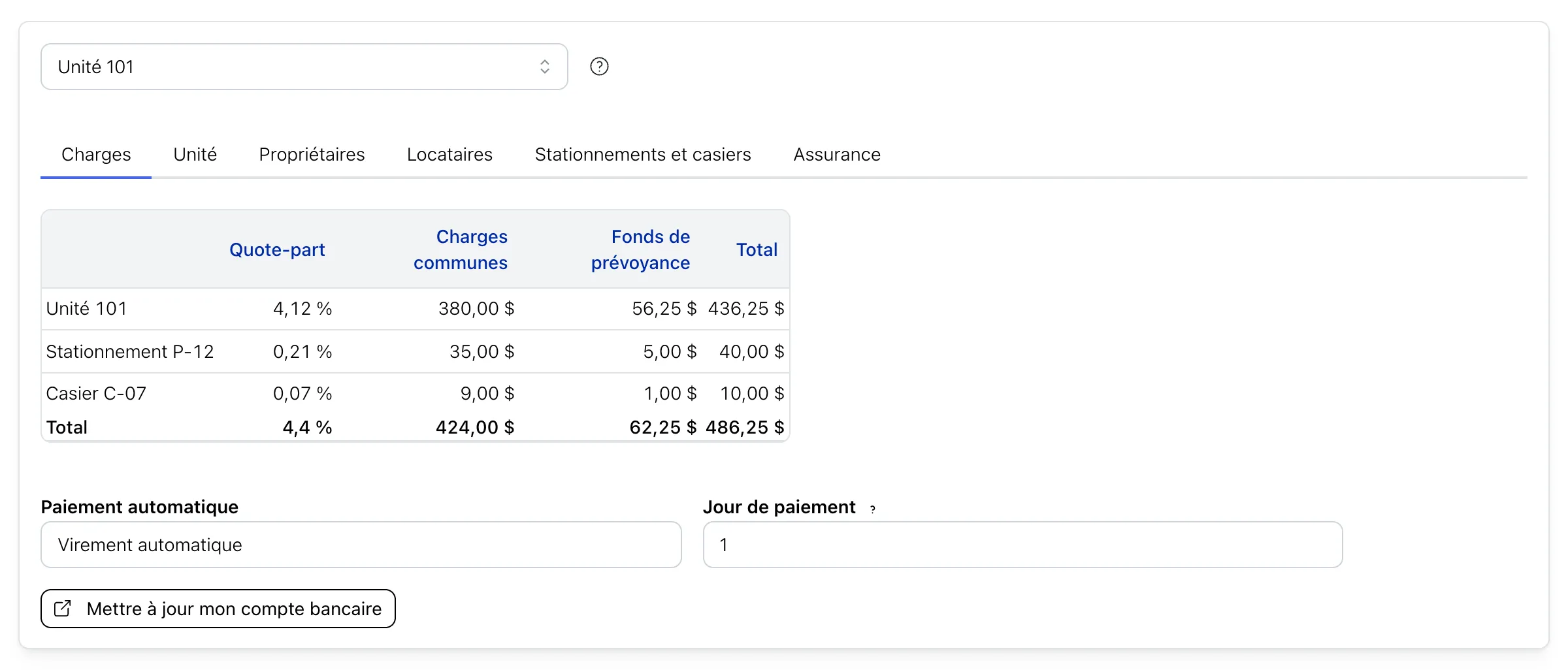 L'onglet Charges d'une unité : les contributions mensuelles de l'unité, de son stationnement et de son casier, avec leur quote-part et leur total, et en dessous les réglages du paiement automatique