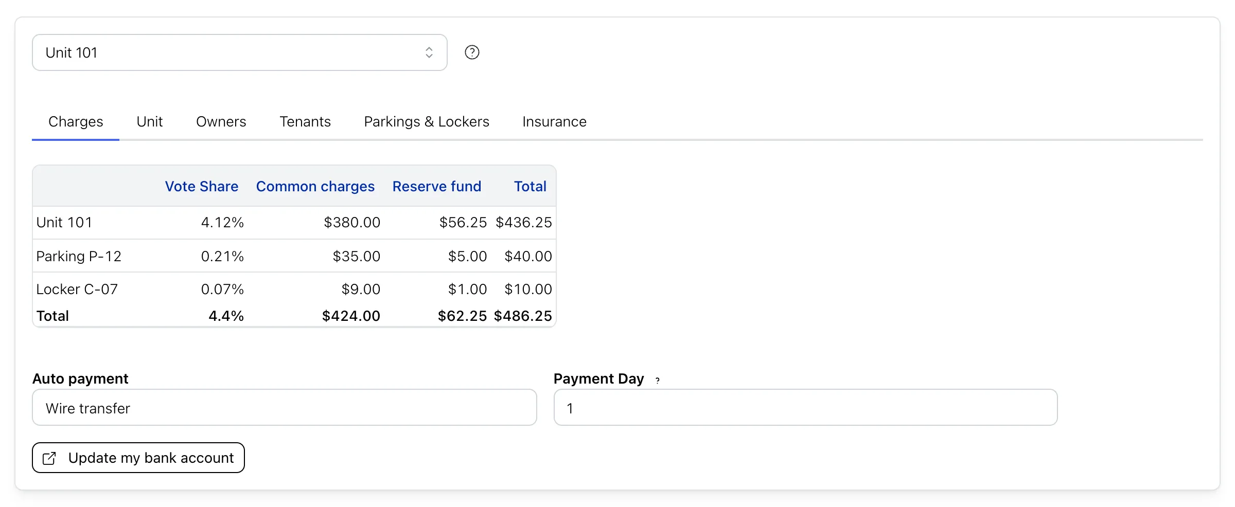 The Charges tab of a unit: the monthly contributions of the unit, its parking space and its locker, with their vote share and total, and the automatic payment settings below